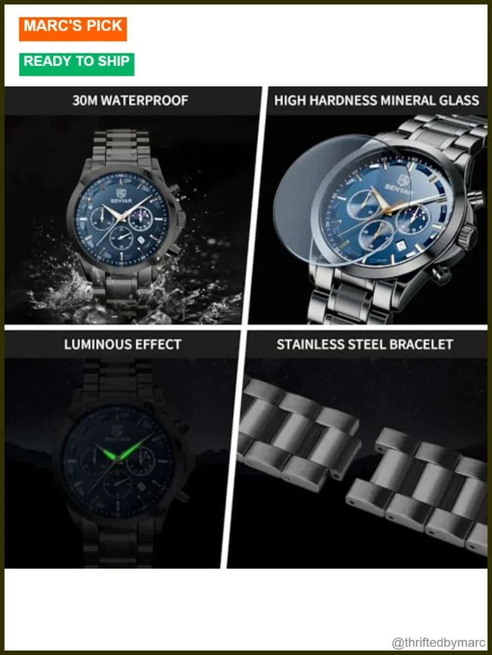 Men's Analog Quartz Chronograph Waterproof Watch with Calendar Stainless Steel